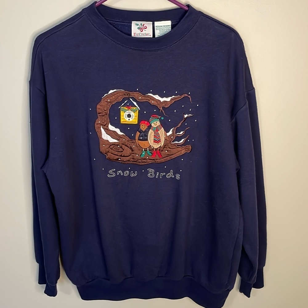 NUTCRACKER Navy Medium Vintage Snow Bird Winter Grandma Style Sweatshirt Novelty